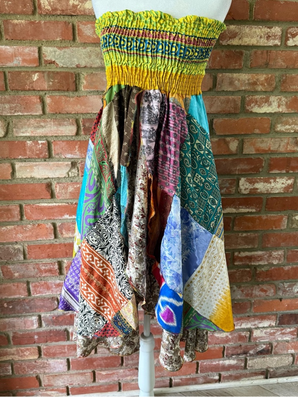 Vintage Boho Patchwork SILK Smocked Tube Dress in Bright Multicolor